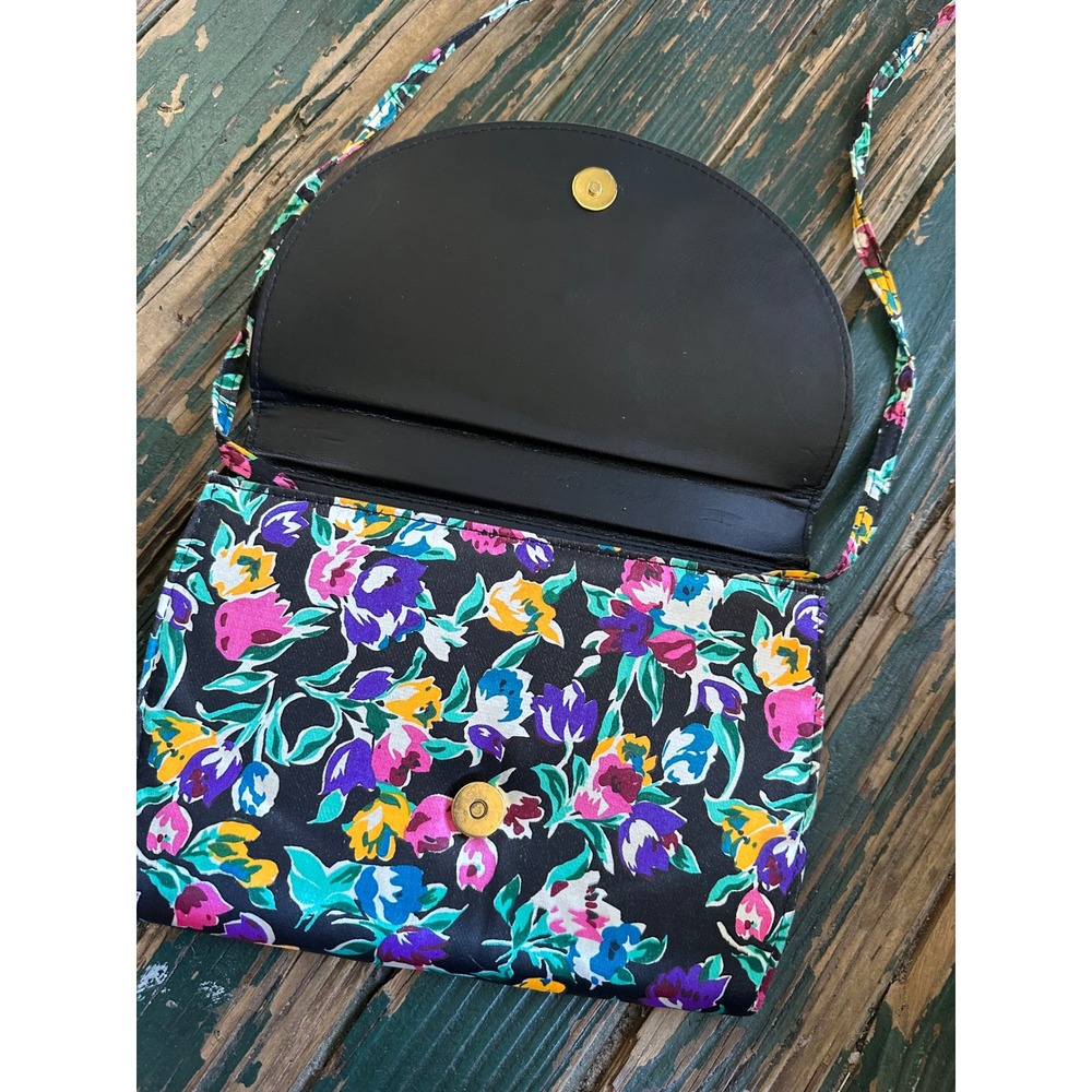 Vintage Ghyll Floral Crossbody Bag Black Multi Color Tulip Print Satin Purse